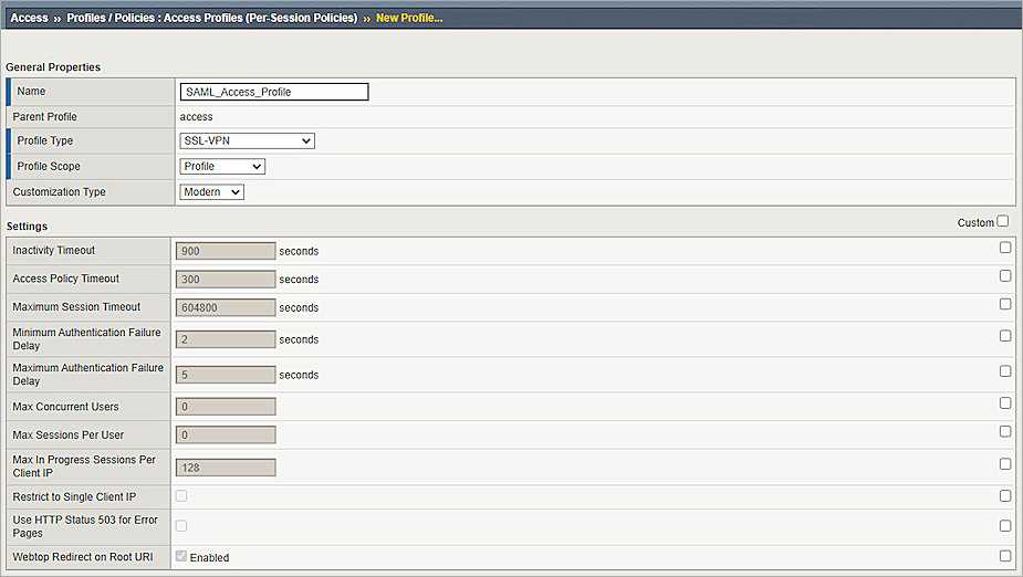 Screenshot of F5 Big-IP, add Access Profile 1